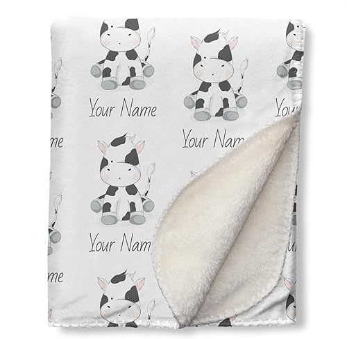 Manta de bebé personalizada con estampado de vaca con nombre, forro polar sherpa suave, ideal para recién nacidos, bebés y niños