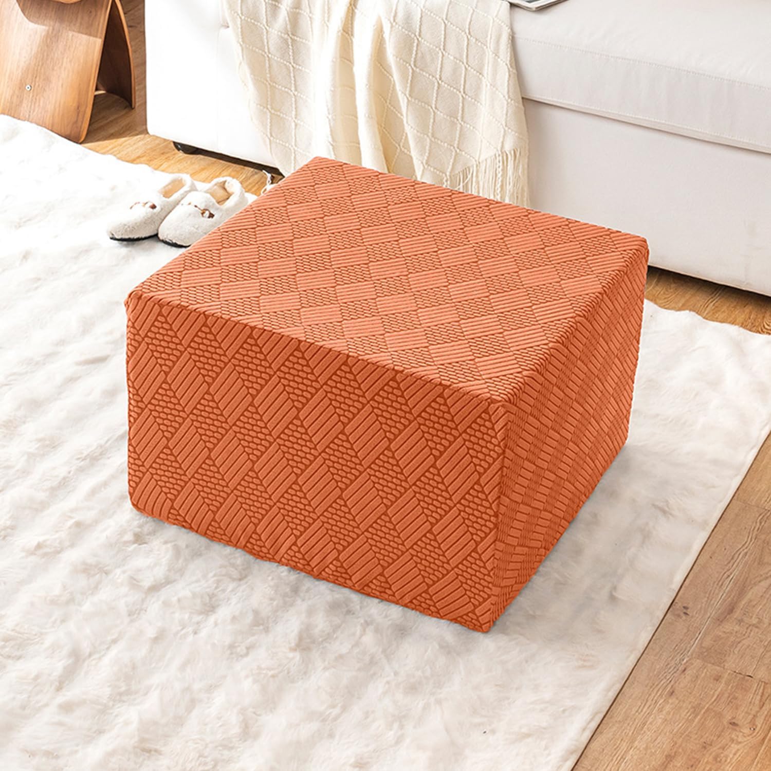 Orange,Large, Stretch Ottoman Cover Square Ottoman Slipcover Footstool Slipcover with Elastic Bottom Footstool Cover Dustproof Furniture Cover for Living Room Bedroom Washable