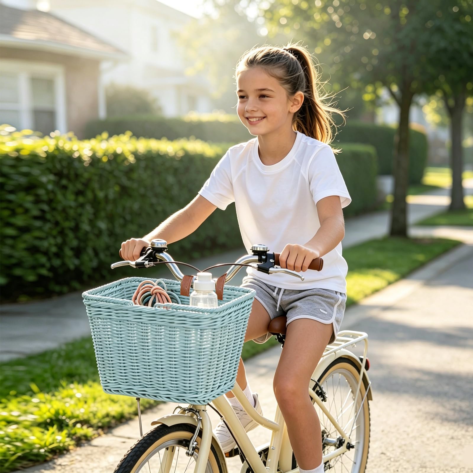 Cestino anteriore per bicicletta, effetto vimini, cestino anteriore per bicicletta per bambini con cinghie, cestino rimovibile, cestino portaoggetti intrecciato a mano, per bicicletta, bicicletta