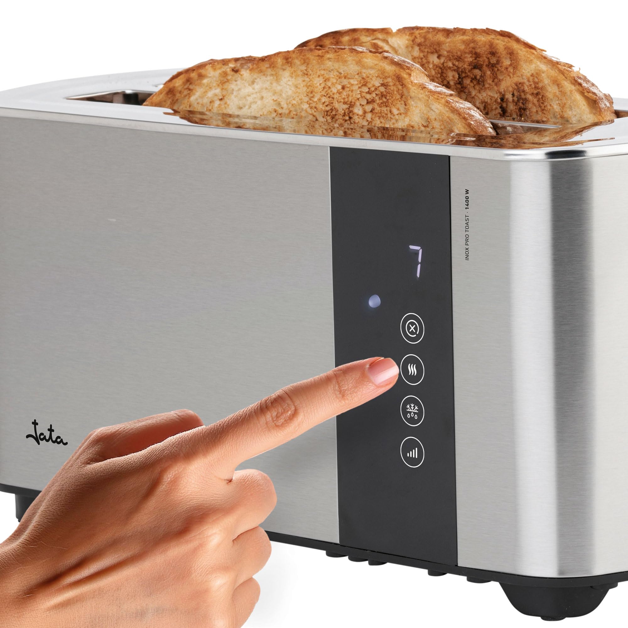 JATA JETT1146 - Tostadora Digital Inox de Ranura Larga Doble 1400W, 7 Niveles de Tostado, Pantalla Táctil, Descongelación, Recalentado y Cancelación, Acero Inoxidable
