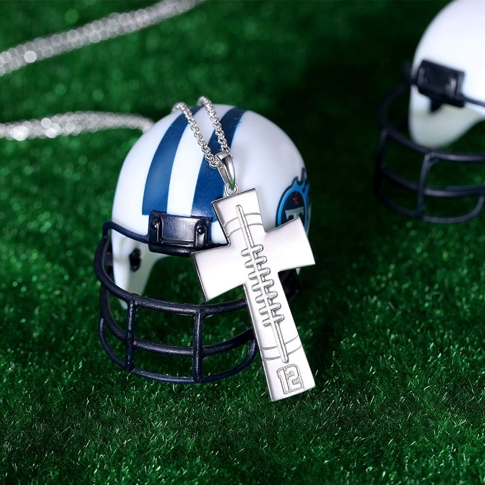 Sterling Silver Cross Necklace Football Line Athletes Cross Pendant Sports Number Necklaces Gifts for Men Women