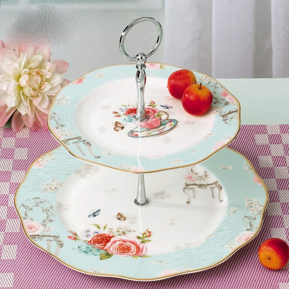Elegant Bone China Rose Pattern 2-tier Cake Stand/ Cupcake Stand/ Pastry Serving Cake Stand In Gift Box (Rose B)