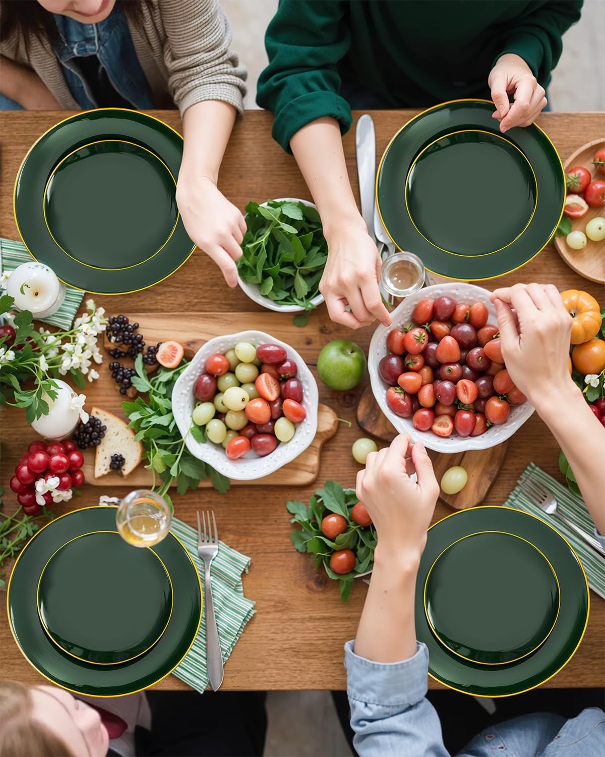 PULOTE 200PCS Green Plastic Plates - Heavy Duty Green Disposable Include 100 Each (10 inch Dinner & 7 inch Dessert) Plates for Christmas Party - Image 7