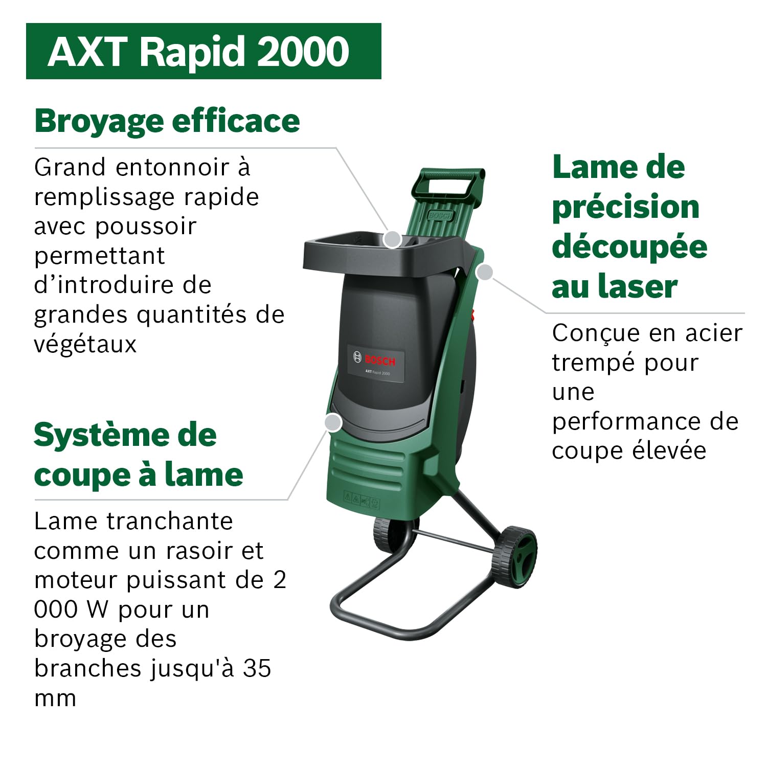 Bosch AXT Rapid 2000 Broyeur de végétaux (pour un broyage puissant des débris de jardin ; moteur puissant de 2000 W)