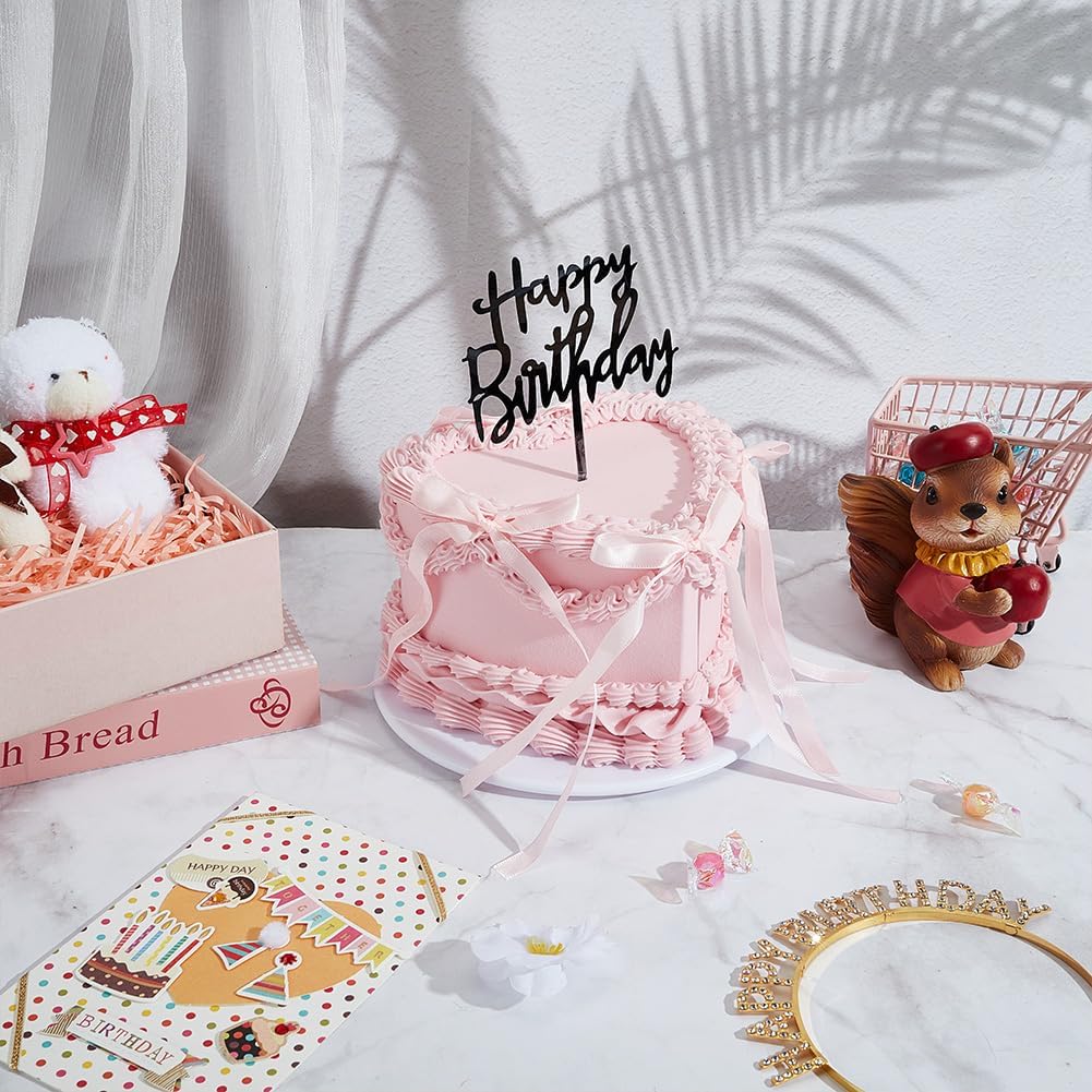 ORIGACH 6 Inch Pink Heart Artificial Birthday Cake Model, Realistic Fake Birthday Cake with Hairband and Letter Toppe, Simulation Model for Dessert Shop Display and Photo Shoot Accessory