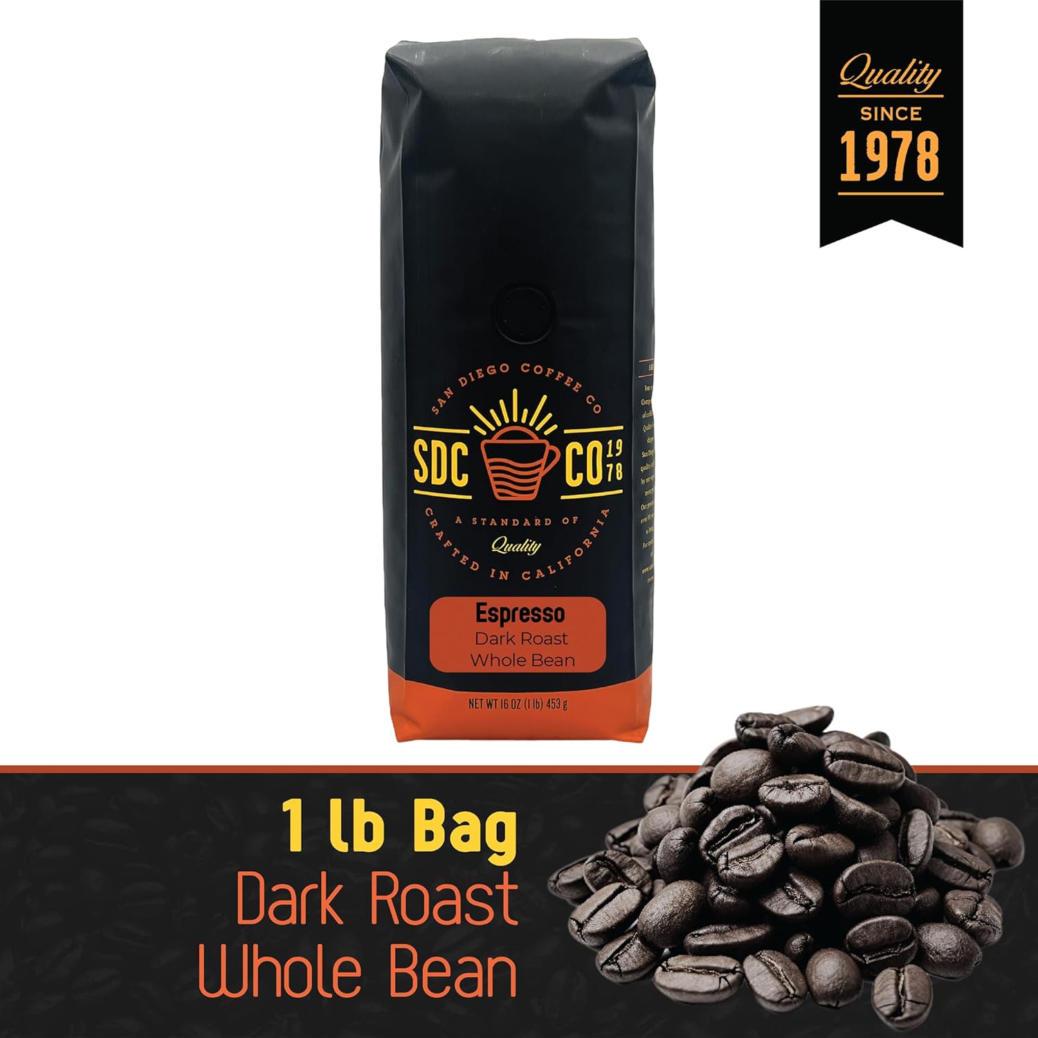 San Diego Coffee Espresso, Dark Roast, Whole Bean Coffee, 16-Ounce Bag Café en grano tostado