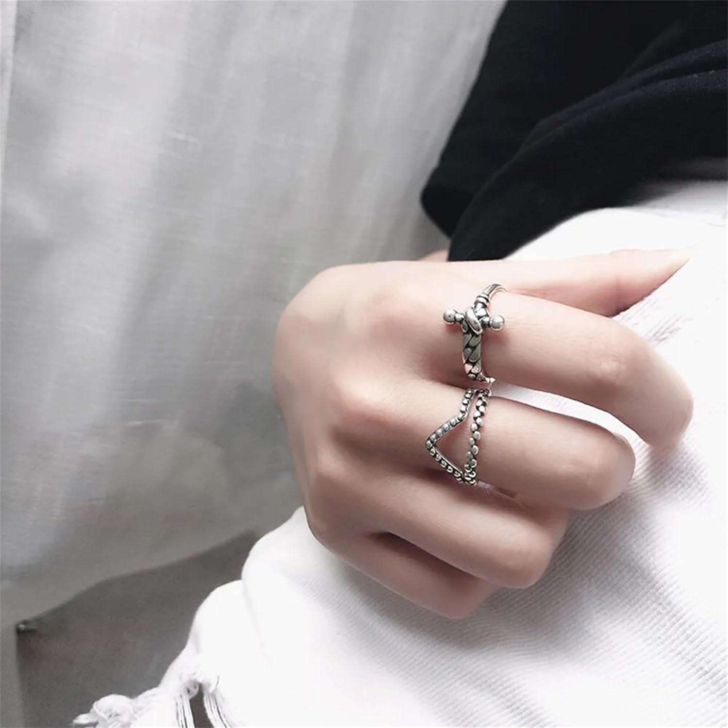 Sterling Silver Oxidized Wishbone Chevron V Shape Beaded Stacking Ring