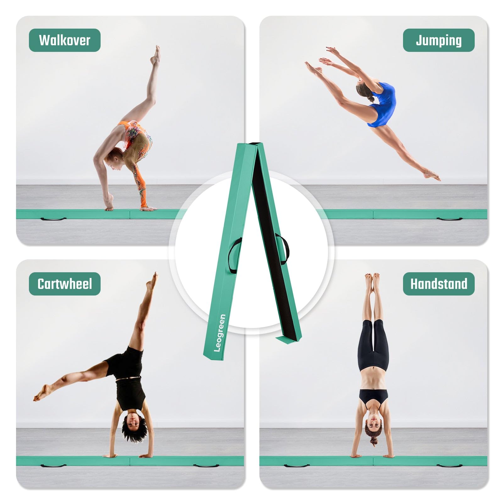 Leogreen Barra de Equilibrio PU Cuero Plegable 270cm, Barra de Gimnasia Artistica para Niños Adultos, Viga de Equilibrio con Bolsa de Transporte y Base Antideslizante Verde