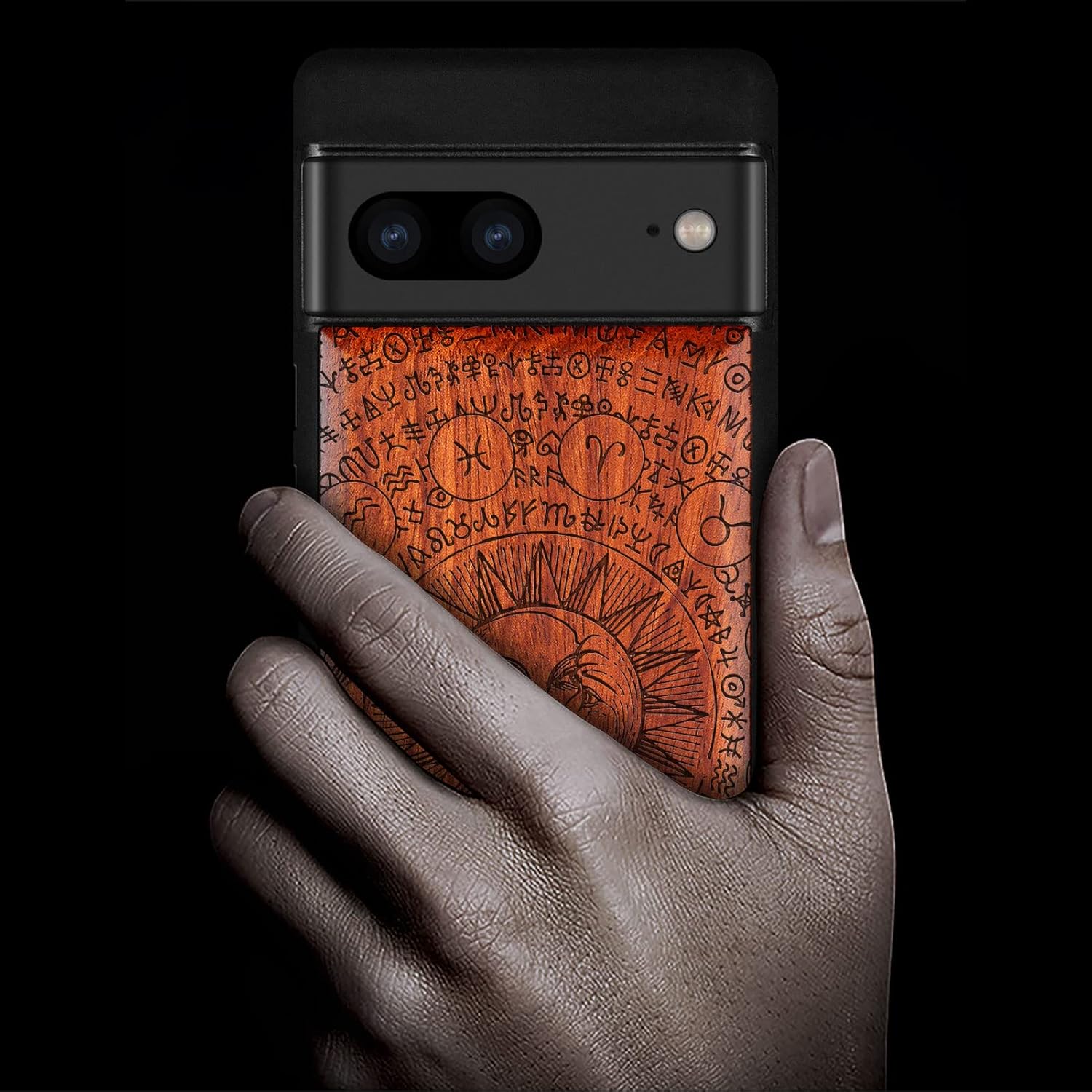 Carveit Wood Case for Pixel 7 Case [Natural Wood & Black Soft TPU] Shockproof Protective Unique Wooden Cover Compatible with Google Pixel 7 (Moon & Sun Zodiac Sign-Rosy)