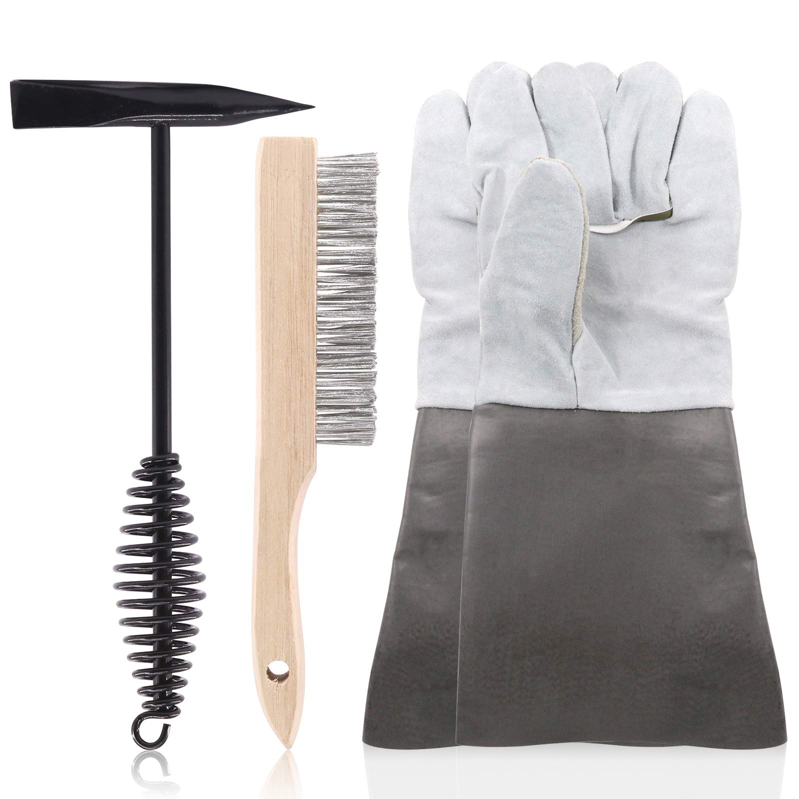 Swpeet 4Pcs 10 Inch Scratch Wire Brush Welding Hammers Slag Removal Tool with Welding Gloves,10 Inch Welding Chipping Hammer with Steel Coil Spring Handle for Cleaning Removing Slag
