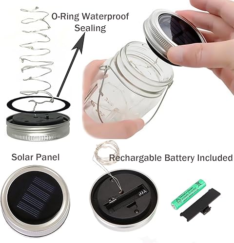 Miniatura 4 de Mason Jar Decor Luces solares colgantes, paquete de 8 30 luces LED de luciérnaga de hadas, 8 perchas y tarros incluidos, ideal para exteriores,