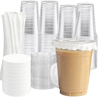 [100 Sets - 16oz Clear Plastic Cups with Lids and Straws, Disposable Iced Coffee Cups with leak-proof paper, Disposable Cup for Smoothie, Milkshake, Cold Drinks,Iced Coffee, Cold Beverages