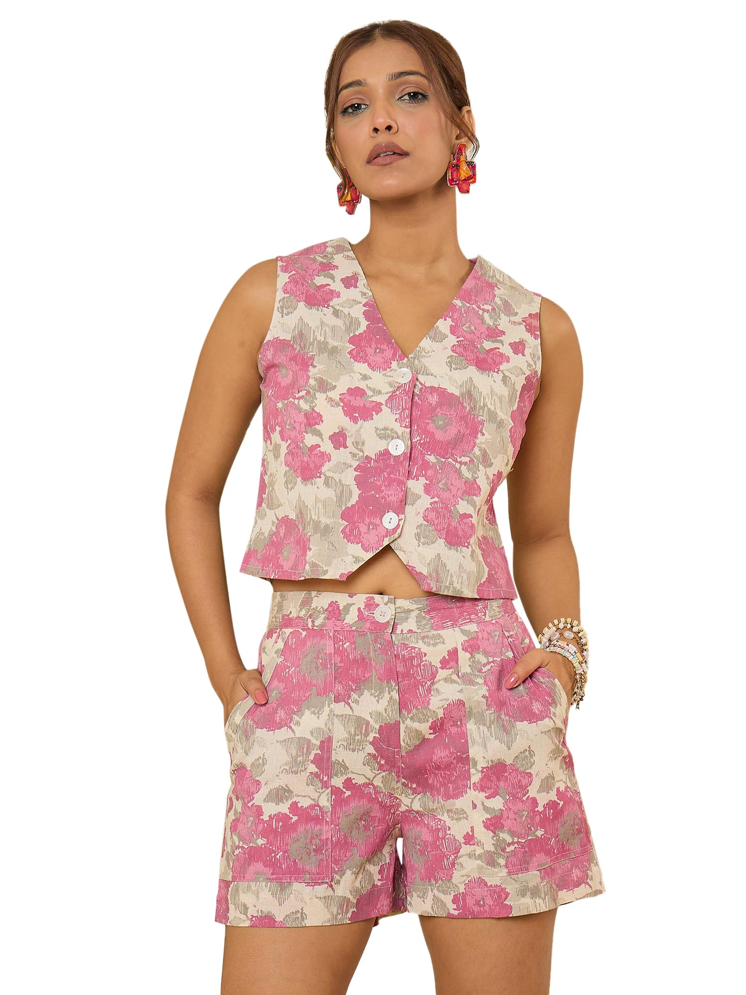 Women’s Cotton Floral Co-ord Set | Sleeveless Buttoned Crop Top & Shorts | Summer Casual 2-Piece Outfit-image-13