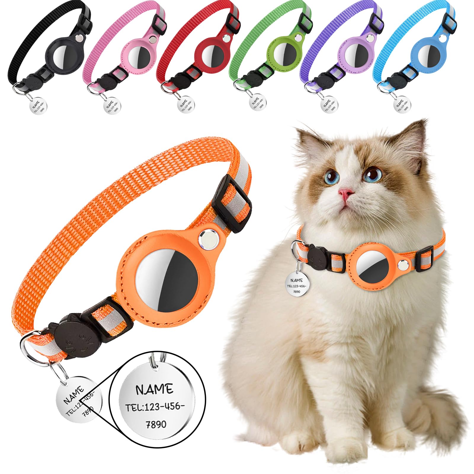 GPS Personalized Cat Collar with Name and Phone, Locator and Metal Informative Tags, Reflective Adjustable for Cats (Orange)