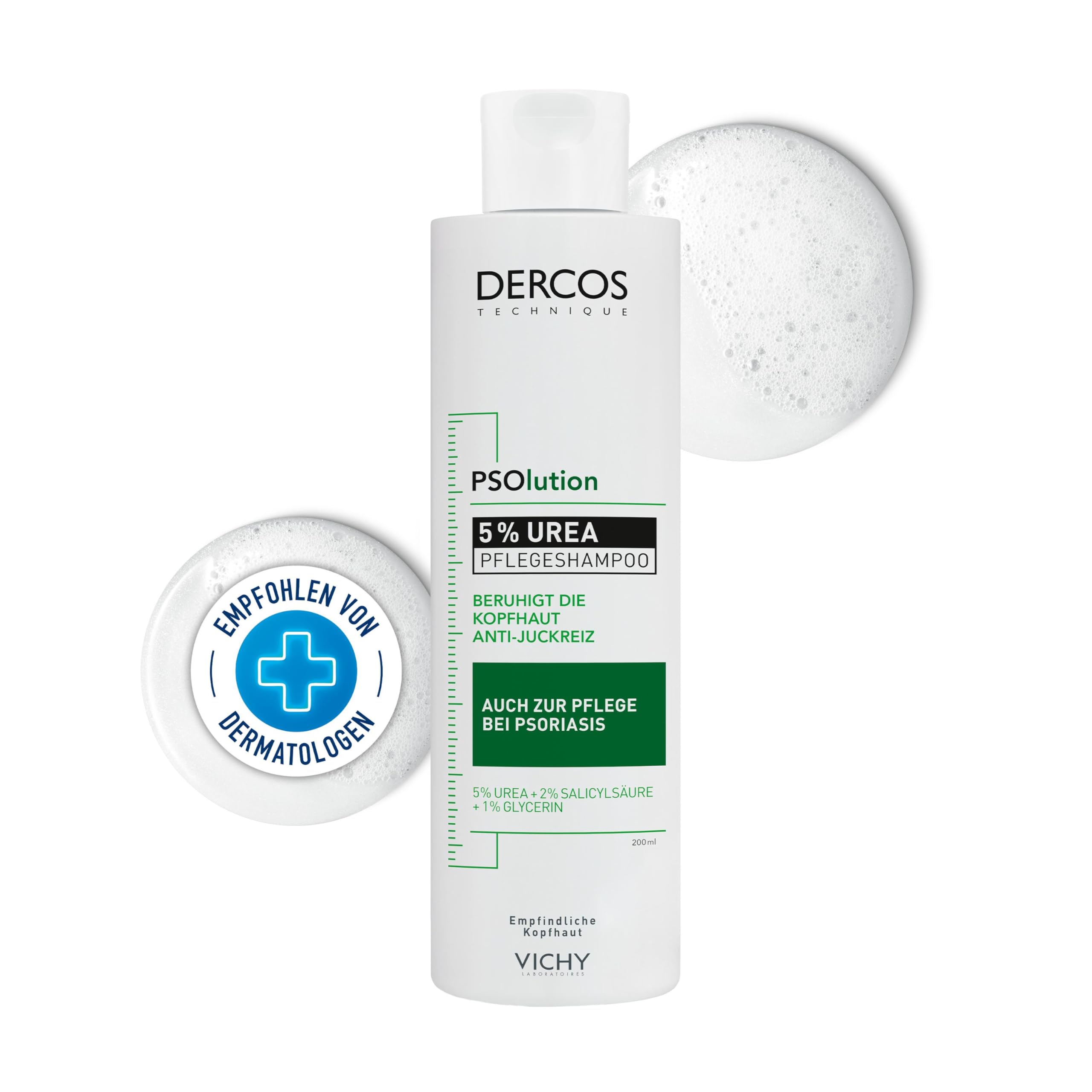 Vichy Dercos Psolution Pflegeshampoo: Beruhigendes Pflegeshampoo mit 5 % Urea gegen trockene juckende Kopfhaut – für empfindliche Kopfhaut geeignet, 200 ml