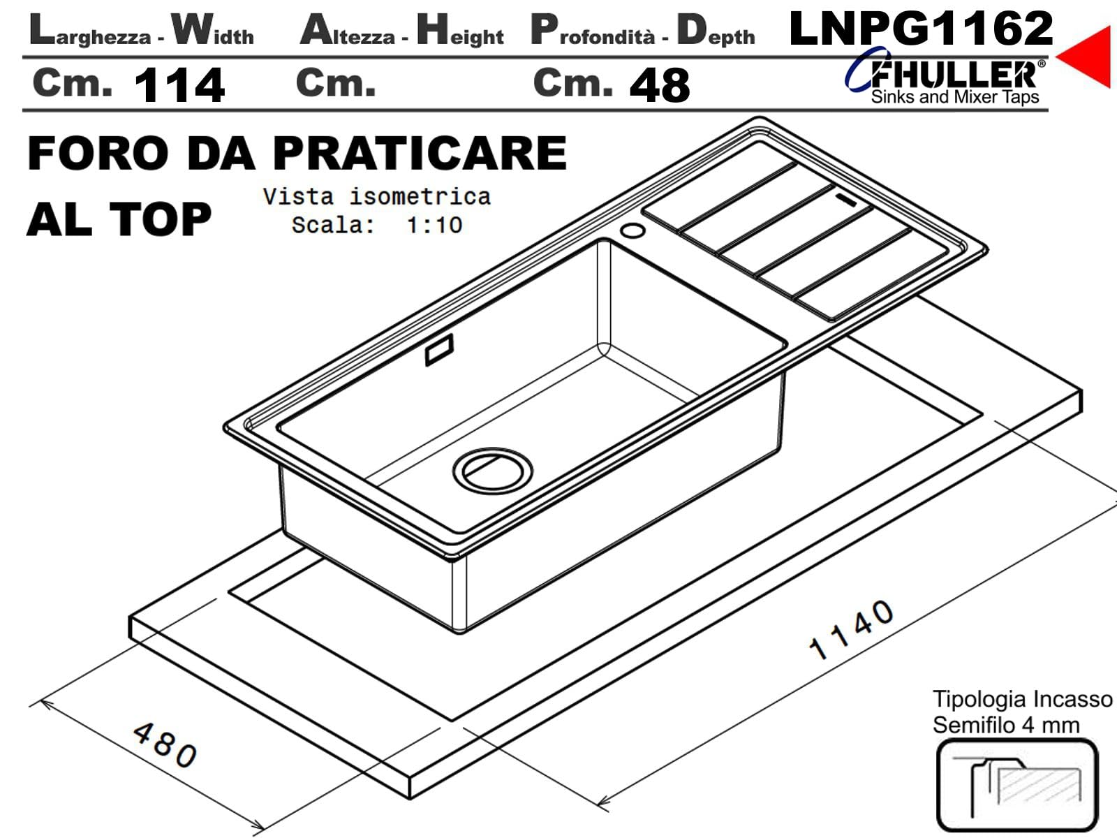 Lavello Cucina da incasso FHULLER Sopratop -Vascha Saldata h.21,5 Acciaio 10/10 Spazzolato 116X50 1 Vasca Destra Maxi e Gocciolatoio Sinistro, Completo Sifone e Piletta, BORDO slim 4 mm, Made in Italy