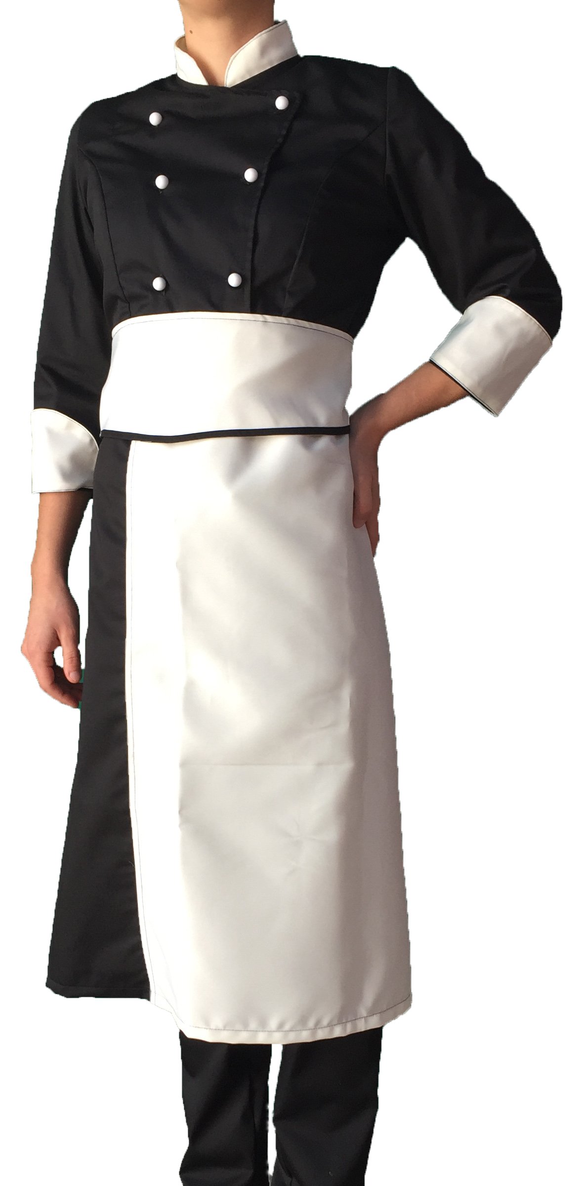 Ricamo Gratuito - Completo Cuoco da Cucina - Divisa Chef Donna - Nera e Panna - Giacca, Pantalone e Grembiule - Made in Italy