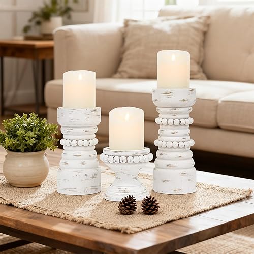 Miniatura 9 de MODE HOME Juego de 3 portavelas de madera rústica, portavelas de pilar de madera con cuentas de granja, portavelas para velas de pilar y