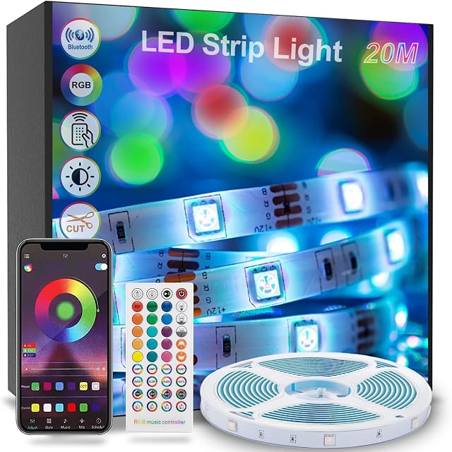 vvuvnem LED Strip Lights 20m, Ultra-Long RGB Bluetooth Light Strip with Remote, Music Sync, App Control, LED Lights for Bedroom, Home, Party, Bar1