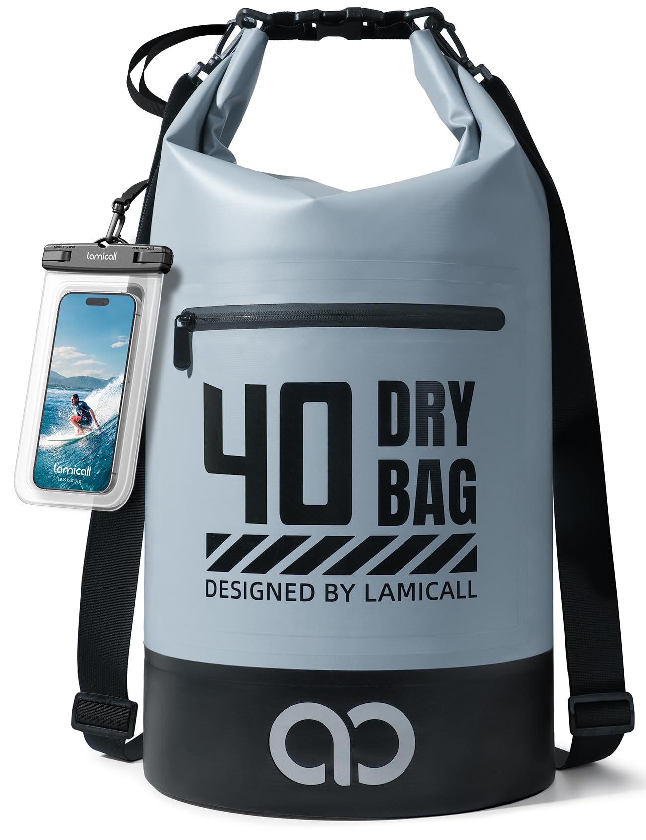 Lamicall Dry Bag, Waterproof Bag - [Robust & Anti-Scratch] 5L/10L/20L/30L/40L Waterproof Backpack with 100% Water Proof Phone Pouch, Floatable Drybag for Boat Swimming Kayaking Camping - Grey(40L)