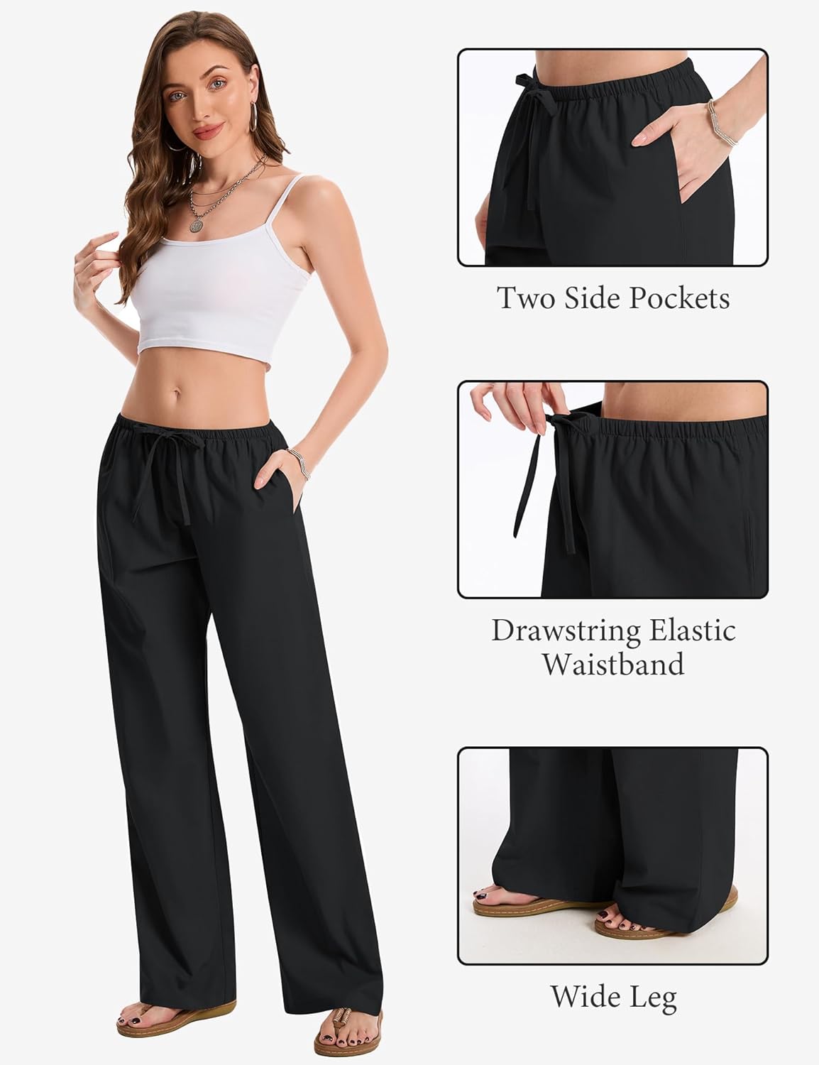 AKEWEI Women's Black Cotton Linen Palazzo Pants Wide Leg with Drawstring Waist Effortless and Stylish - Image 6