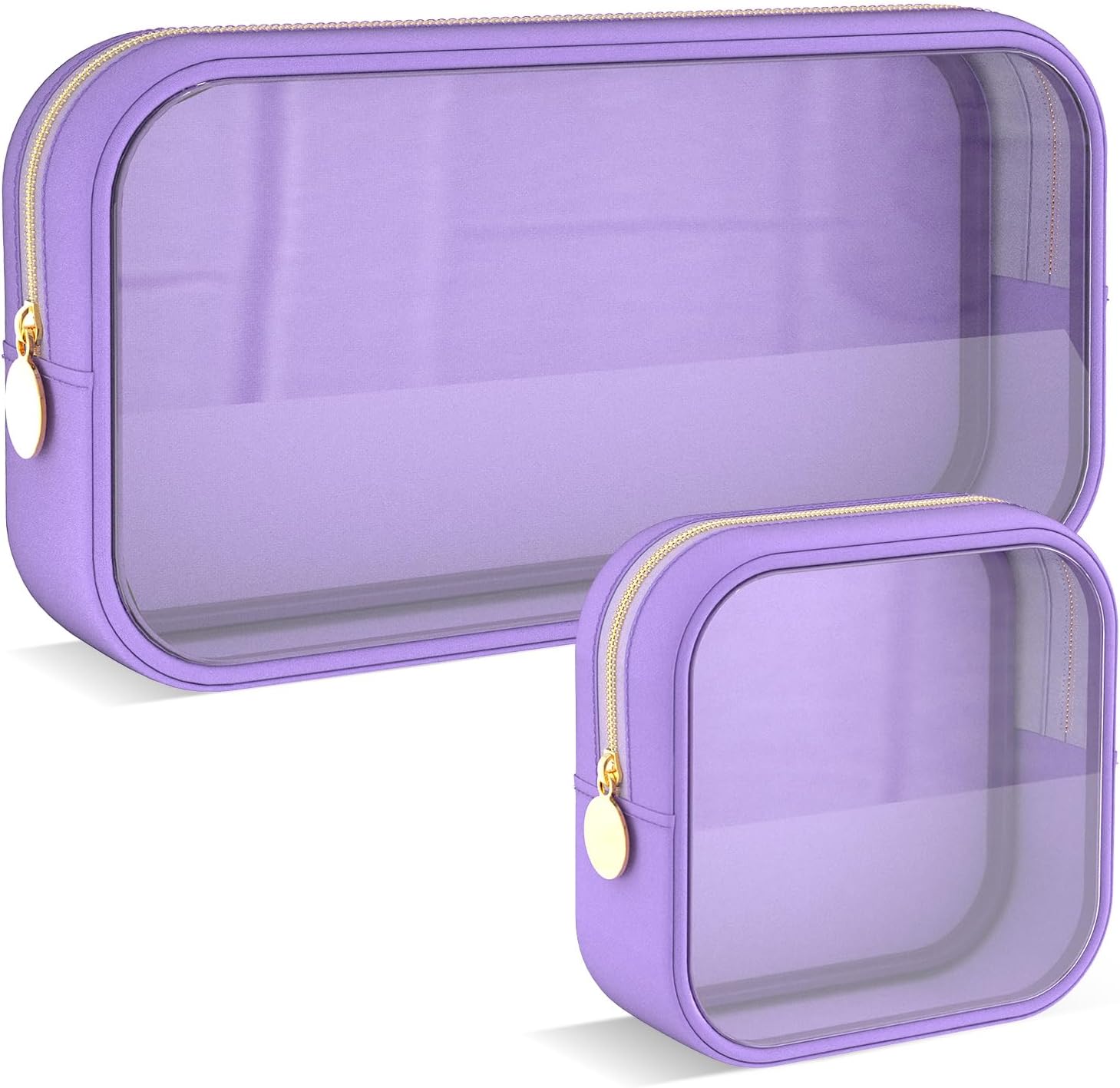 Clear Makeup Bag Set of 2, TSA Approved Waterproof Travel Cosmetic Bag, PVC Nylon Portable Makeup Organizer Bags for Women (Purple)