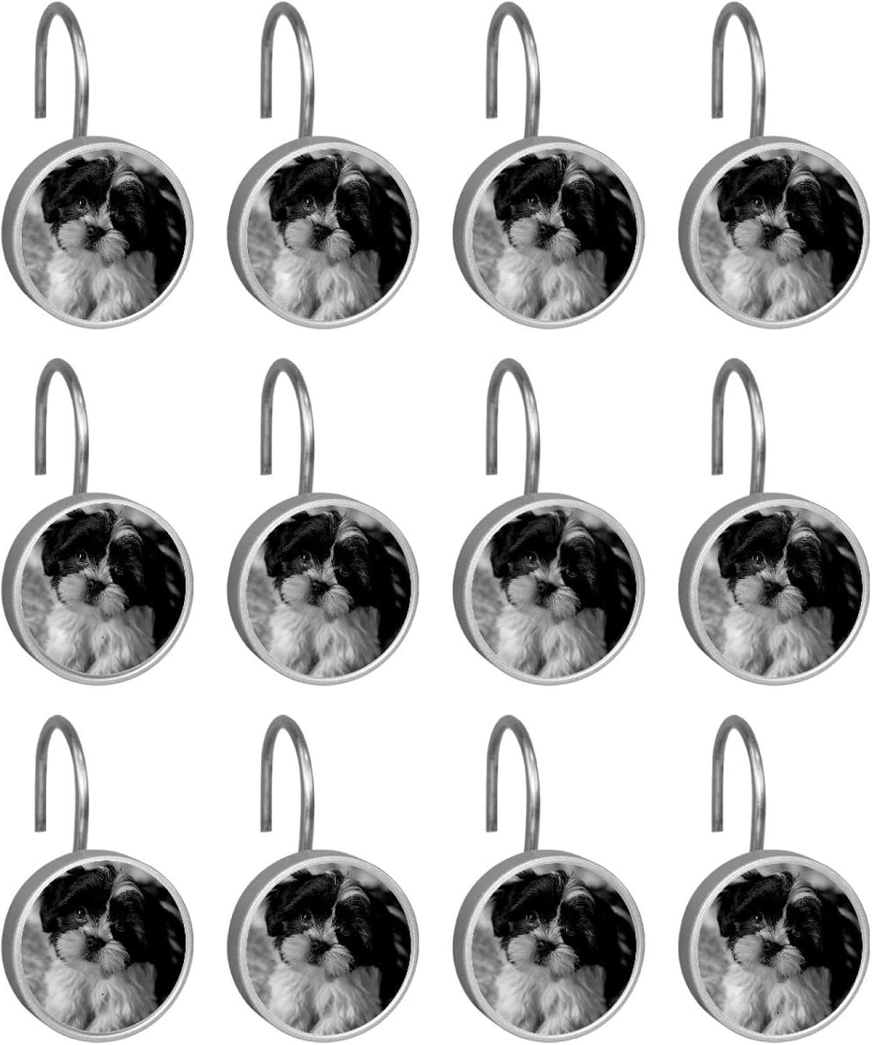 Set of 12 Black White Shih Tzu Dog Puppy Shower Curtain Hooks, Stainless Steel Rust-Resistant Decorative Hanger Rings