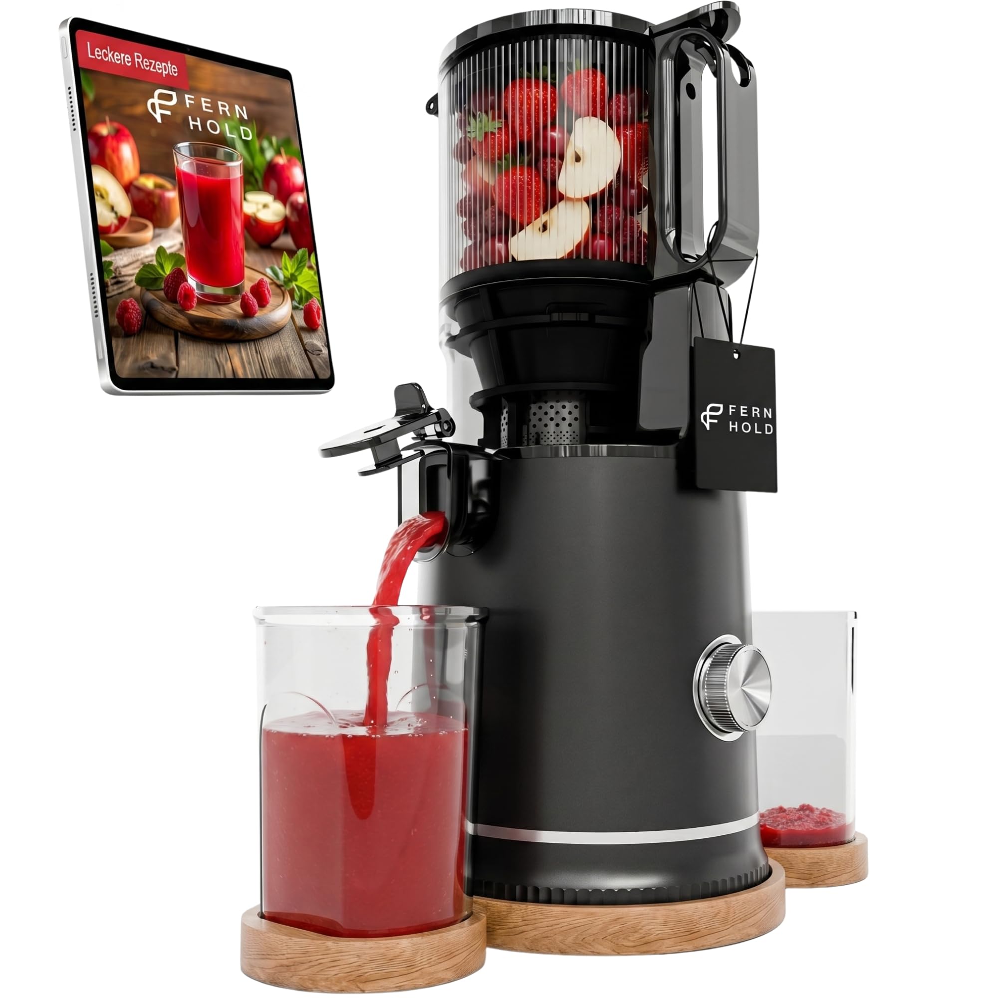 Entsafter, 250W Slow Juicer Kaltentsafter mit Holz-Untersetzern & 130 mm XXL Einfüllschacht für ganze Früchte & Gemüse | BPA-frei | Rücklauffunktion | Inkl. 2 Gläsern & Saftrezepte
