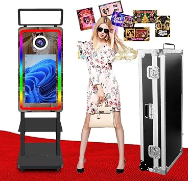 Latest Model 40in Magic Mirror Photo Booth with 21.5inch Touch Screen with Square Lamp, Mirror Photo Booth with Built-in Mini PC Social Media Share for Weddings, Parties Black, Photo Booth