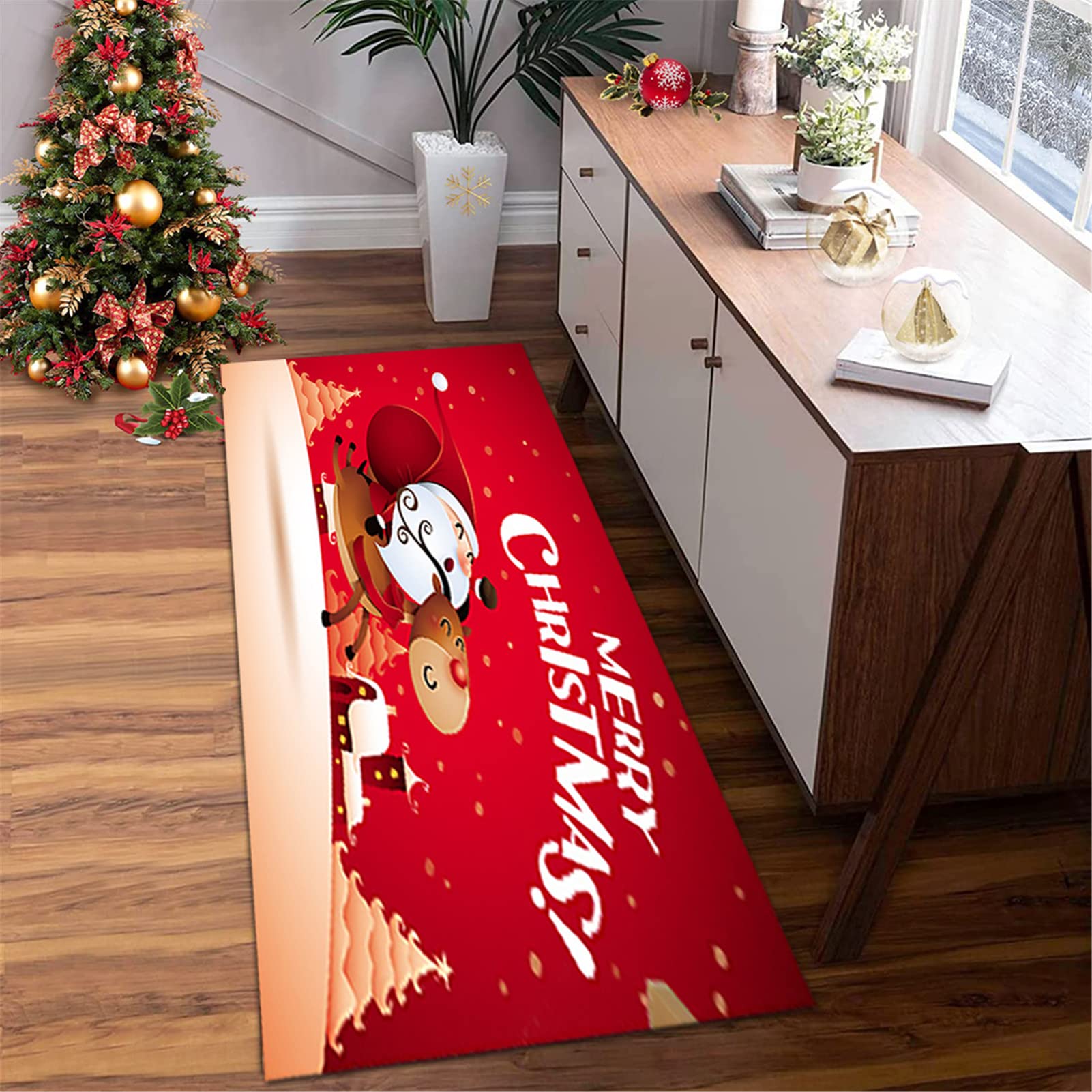 Zerbino Natalizio, Tappeto di Natale Antiscivolo Tappeto Ingresso Natalizio Tappeto Passatoia del Corridoio di Natale,Tappeto Rosso per Soggiorno/Cucina/Bagno,80x200cm