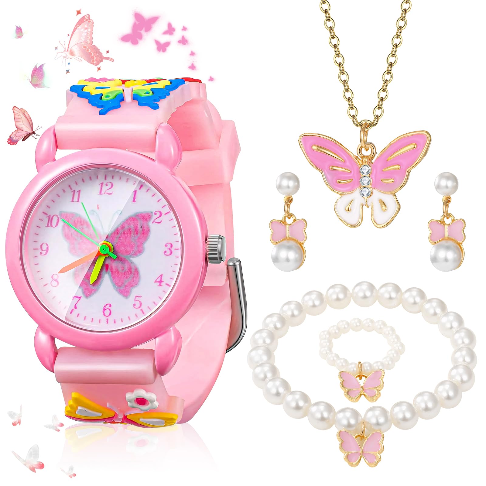 wlertcopKids Watches for Girls, Kids Butterfly Watch Kids Watches with Jewelry Set Girls Childrens Butterfly Watch Lovely Wristwatch Cartoon Wrist Watches Watch Girls Digital Quartz Watch with Silicone Strap