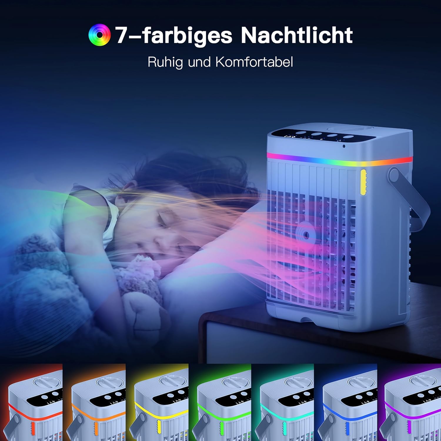 Mobile Klimaanlage, 4 in 1 Mini Klimaanlage mit Kühlen Nebel, Klimaanlage Mobil, klimagerät ohne abluftschlauch, Klimaanlage mobil mini mit 3 Stufen & 7 Farben Nachtlicht für Zuhause/Büro