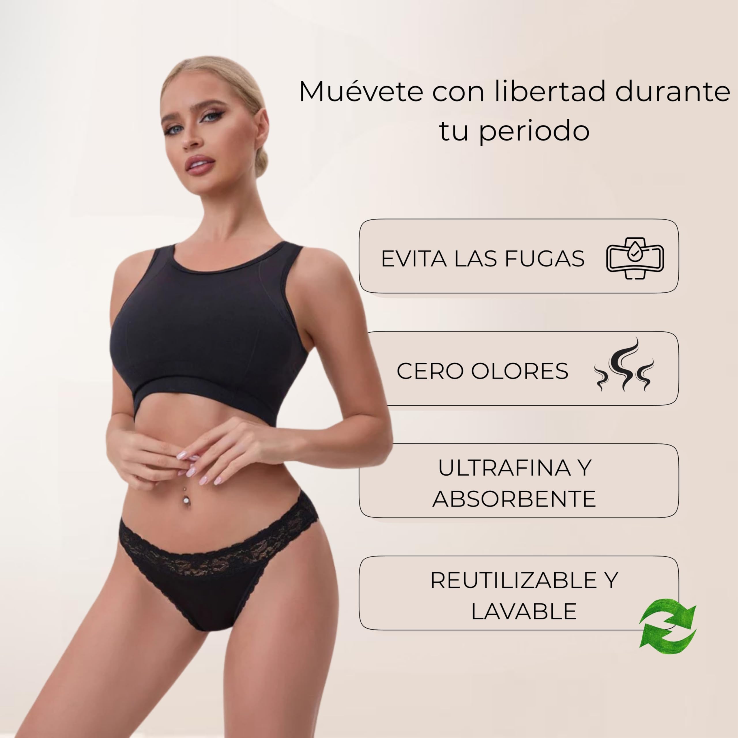 ANAISSA Pack 2 Bragas Menstruales Reutilizables de Algodón para Flujo Abundante – Absorción Alta, Protección Delantera y Trasera, hasta 12 Horas de Comodidad