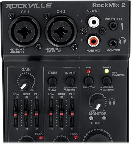 Miniatura 4 de Rockville RockMix 2 canales Mic/Instrument Pro Grabación Mezclador+Interfaz USB/EQ