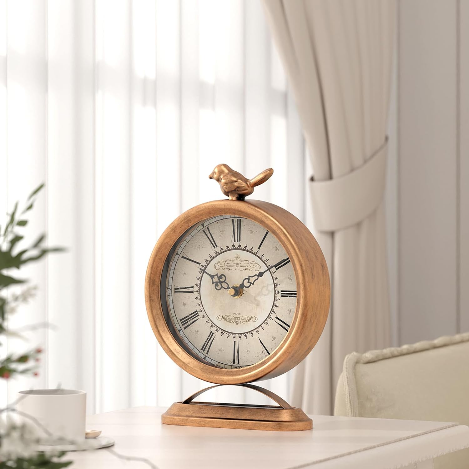 Vintage Table Clock with Bird, European Antique Style Gold Mantel Clocks, Desk and Shelf Decor Clock, for Farmhouse, Bedside, Living Room, Bedroom, Gift (9" H x 6.5" W)