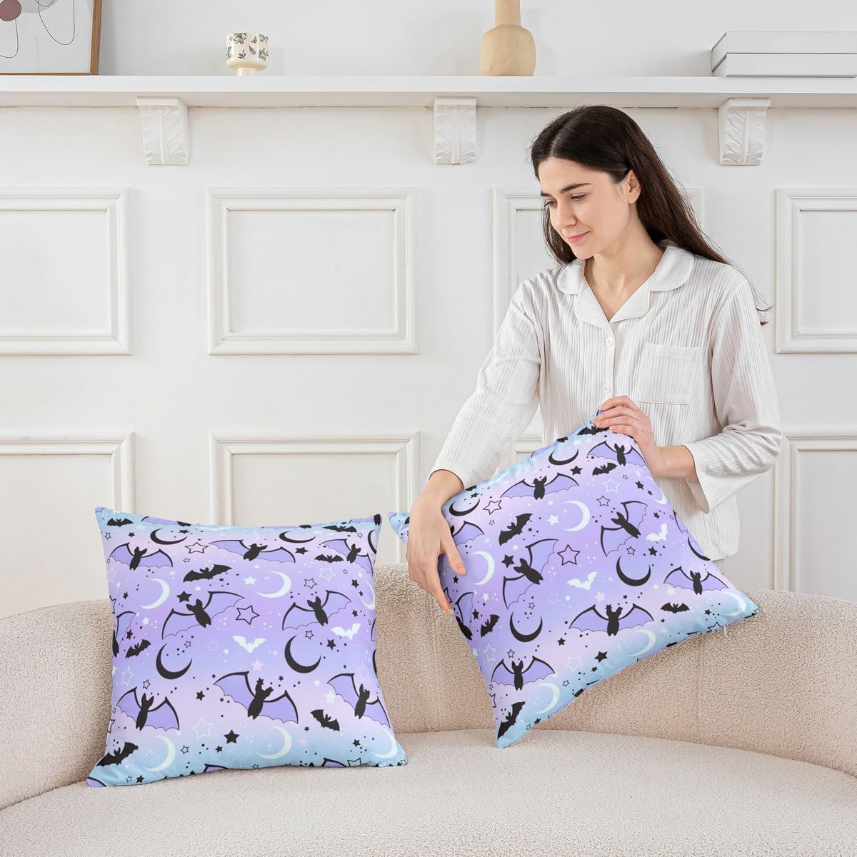 Halloween Decorative Throw Pillowcases Couch Chair Rainbow Throw Pillow Covers 24"x24" Set of 2 Bat Moon Star Print Pillow Cases Cushion Covers Halloween Theme Purple Gradient Style Cushion Cases