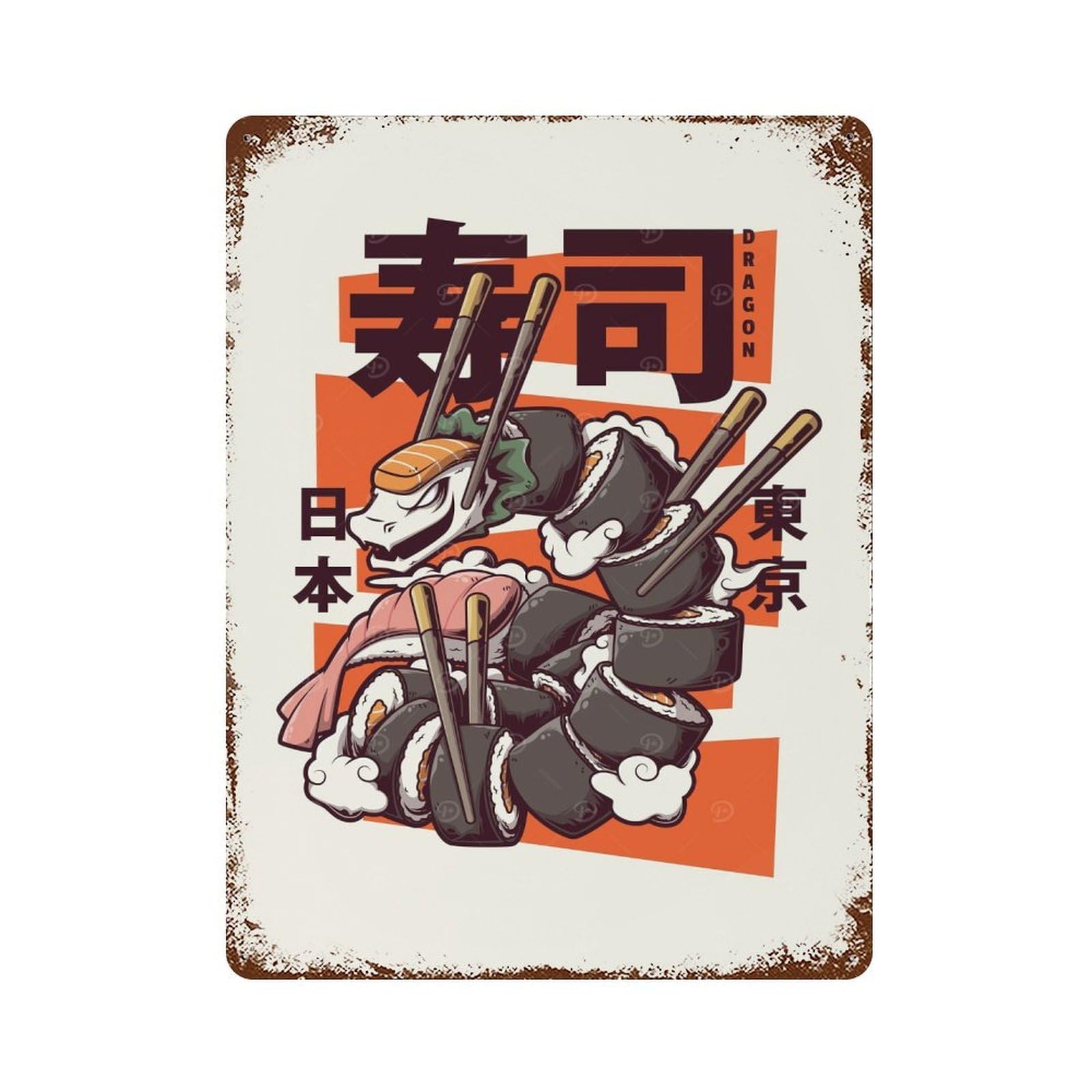 GREAT SUSHI DRAGON Rusty Metal Tin Sign 15.7"x11.8", Industrial Home Decor for Garage, Pub Or Kitchen
