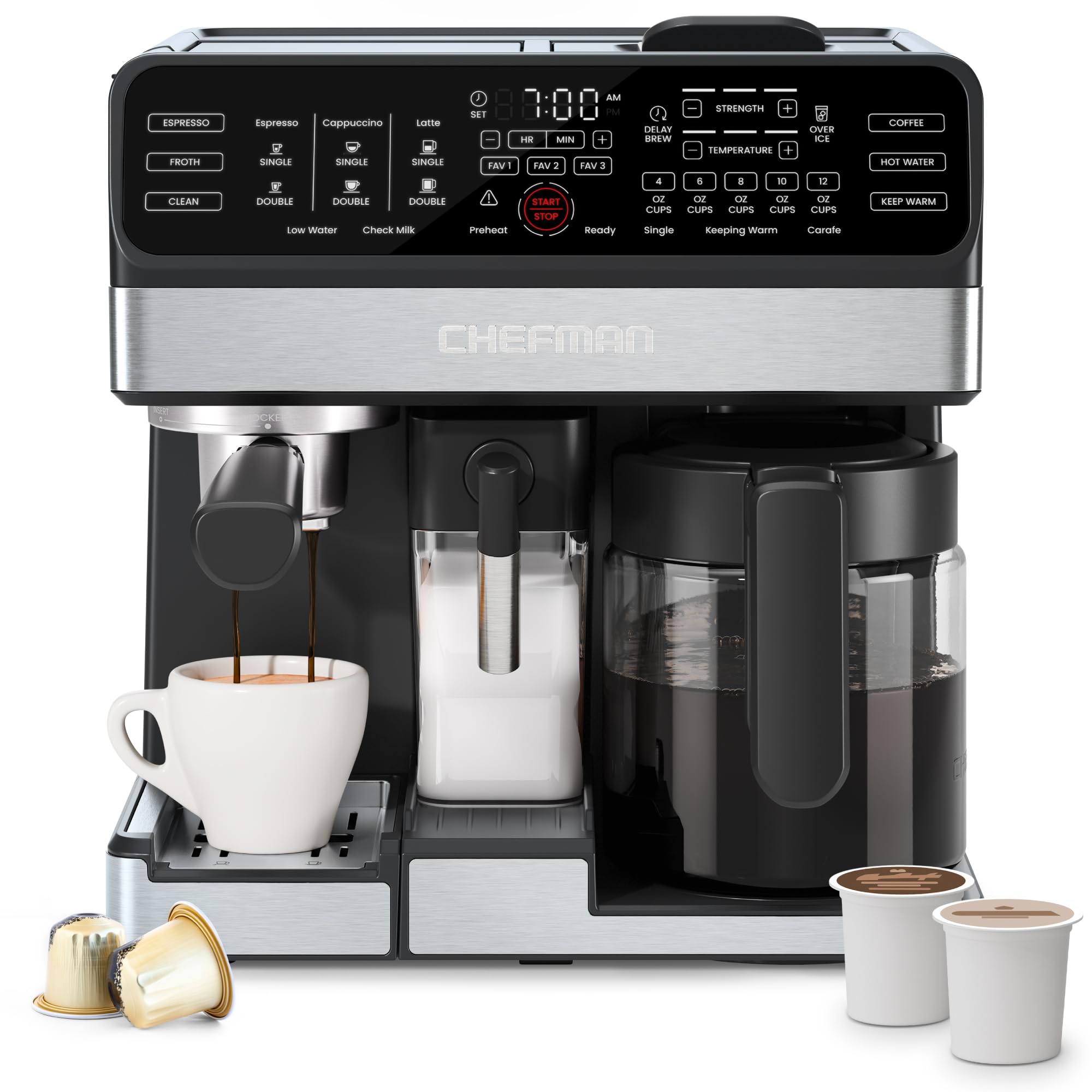 Chefman Coffee Maker Espresso Machine Combo, OmniBrew 8-in-1 Coffee Station with Automatic Milk Frother for Lattes, Cappuccinos, Macchiatos, 12-Cup Carafe and 3L Removable Water Tank - Black