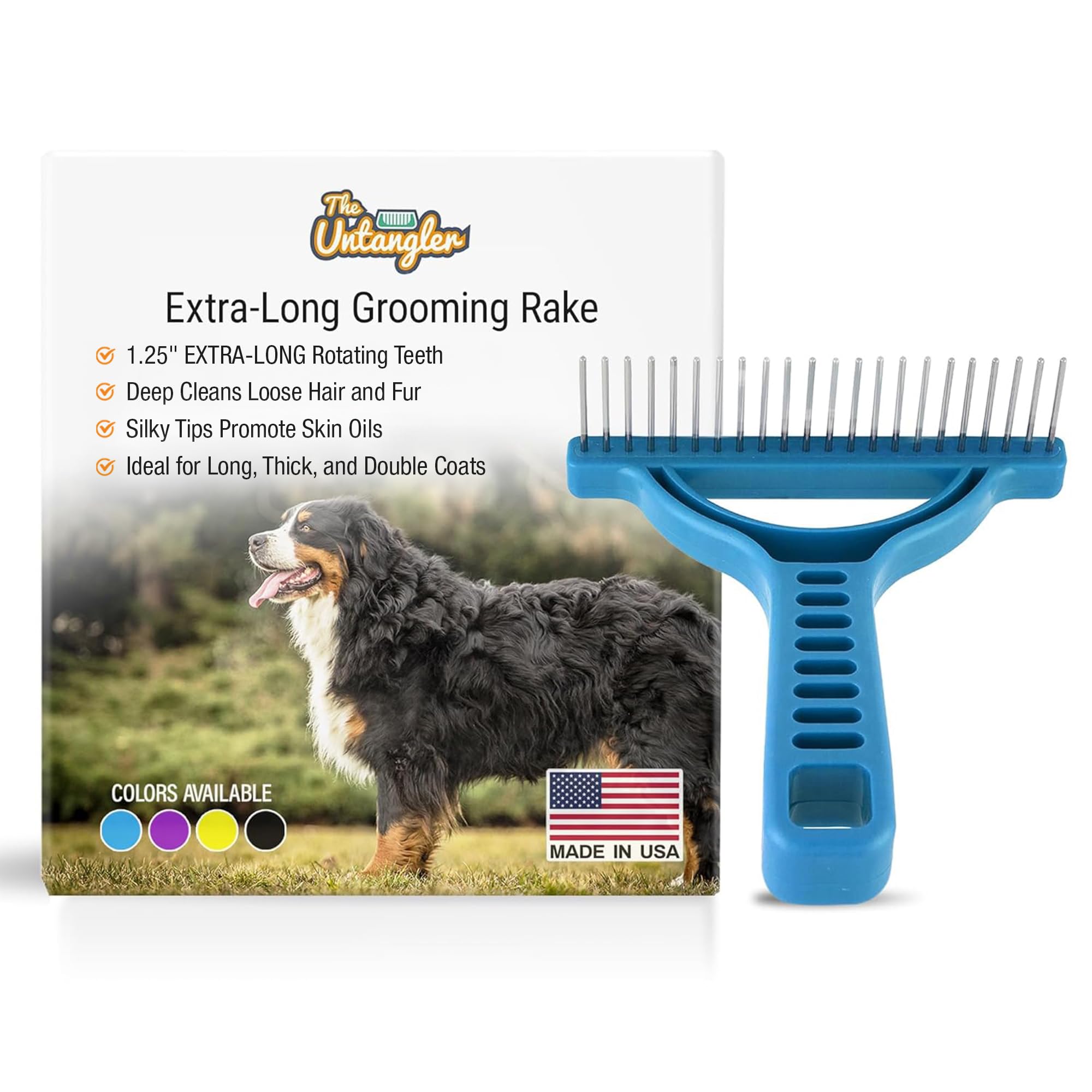 The Untangler Grooming Rake with Extra Long 1.25" silky smooth 360 degree rotating teeth to easily collect loose hair and groom(Blue)