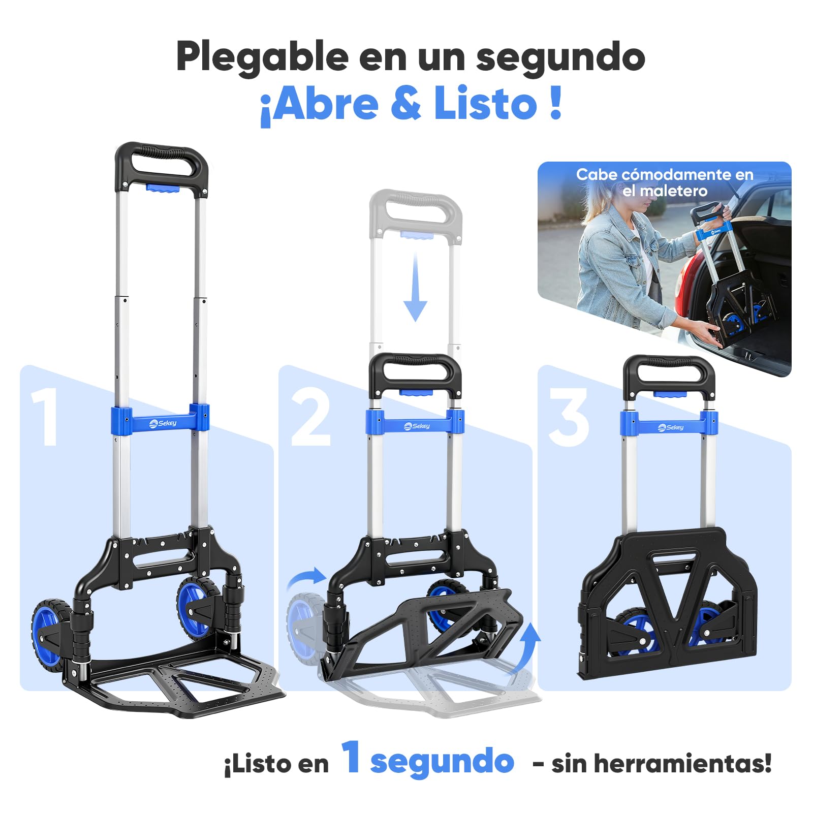 Sekey Carretilla plegable y ligera de transporte, solo 3,5 kg de peso tara, 80 kg de capacidad de carga, 3 niveles de altura ajustable y plegable en segundos, carro plegable de aluminio con ruedas TPR