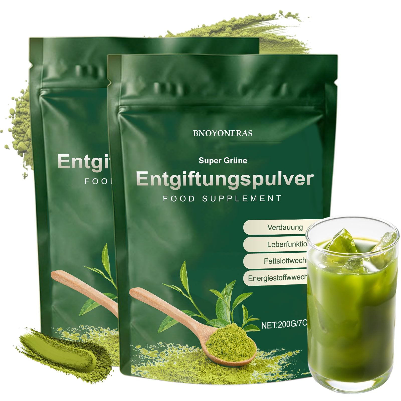 Grüne Entgiftungspulver, Grünes Superfood Pulver 200g – Grüner Pulver mit Matcha, Gerstengras, Heidelbeeren| Ballaststoffreich & Vegan | Natürliches Pflanzenpulver für Alltag & Ernährung, 2pc