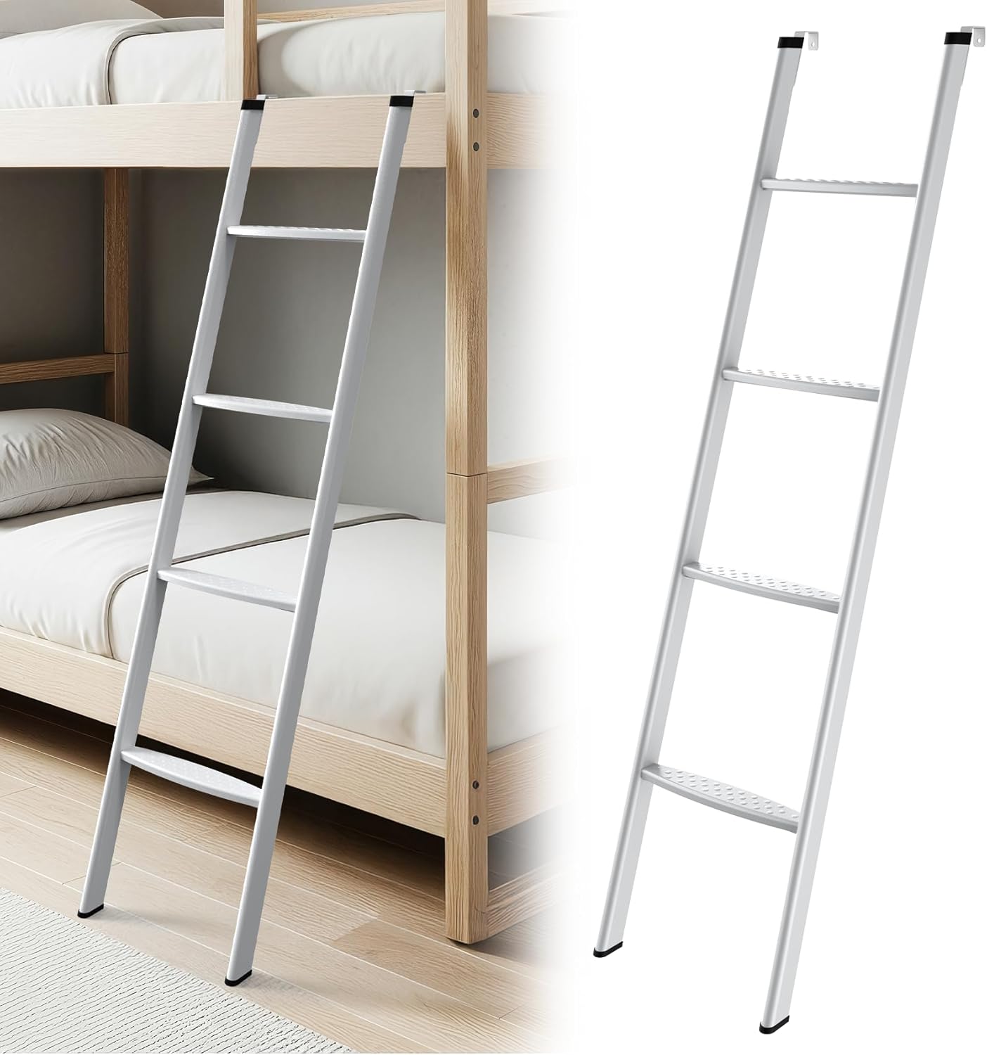 JY PERFORMANCE Bunk Bed Ladder 55 Inch, Heavy Duty RV Bunk Ladder with 4 Hook, Wide Foot Steps, Twin Bed Step Ladder for Travel Trailers, 330 LBS Capacity, White White 55 IN
