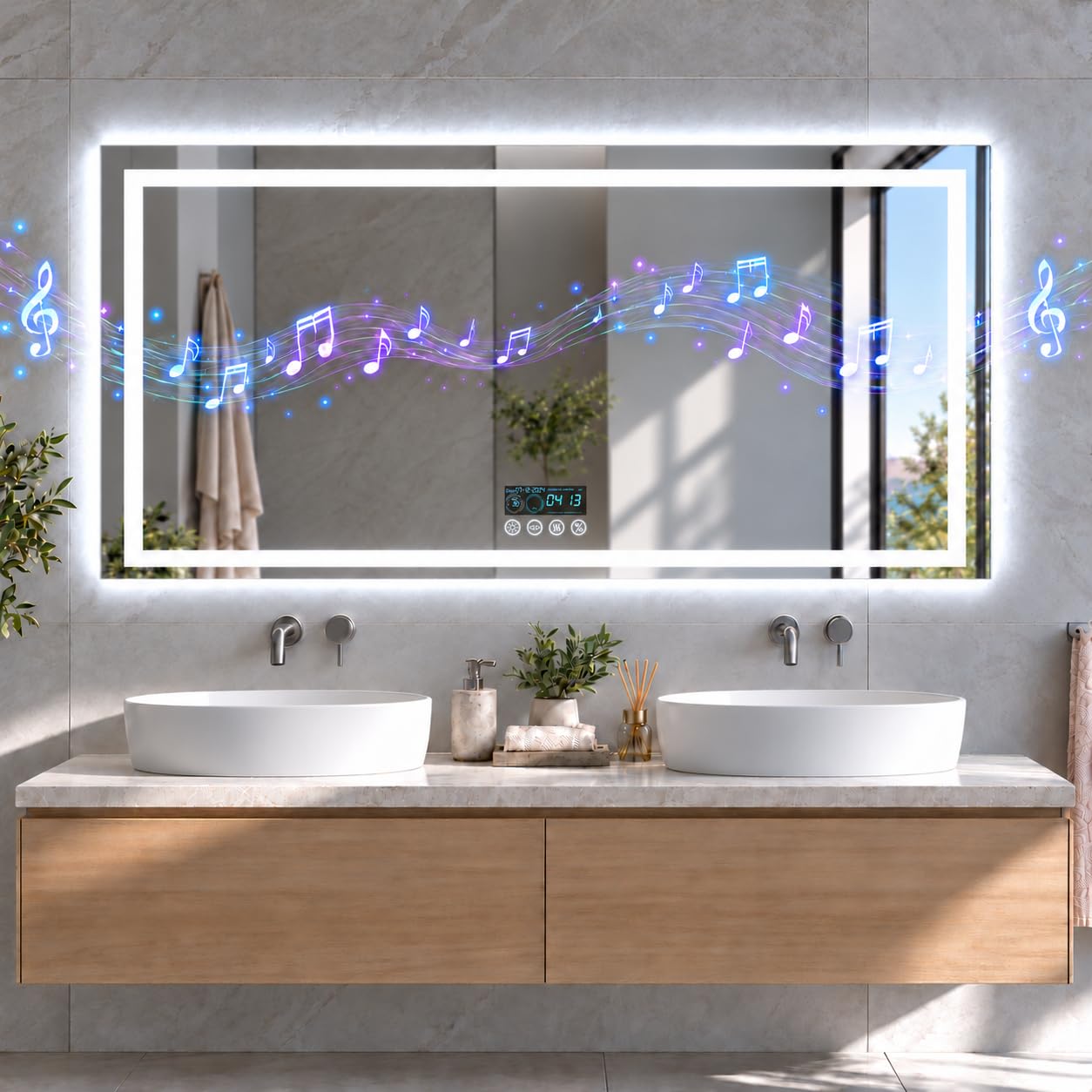 LUVODI Badspiegel mit Bluetooth 120x60cm: Beleuchtet Wandspiegel mit Uhr Lichtspiegel Kosmetikspiegel Flur Spiegel, Dimmbar 3 Farbtemperaturen, Antibeschlag, Speicherfunktion, IP56