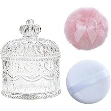 Body Powder Puff and Container, Dusting Glass Powder Container with Puff for Body and Face, Crystal Case and Soft Washable Reusable Velour Puff for Wet Dry MakeupCoronet,Clear