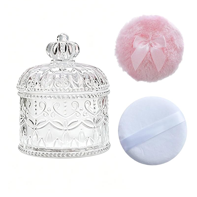 Qopoto Puff para Pó Corporal com Recipiente de Vidro Coronet Clear, Pacote com 2