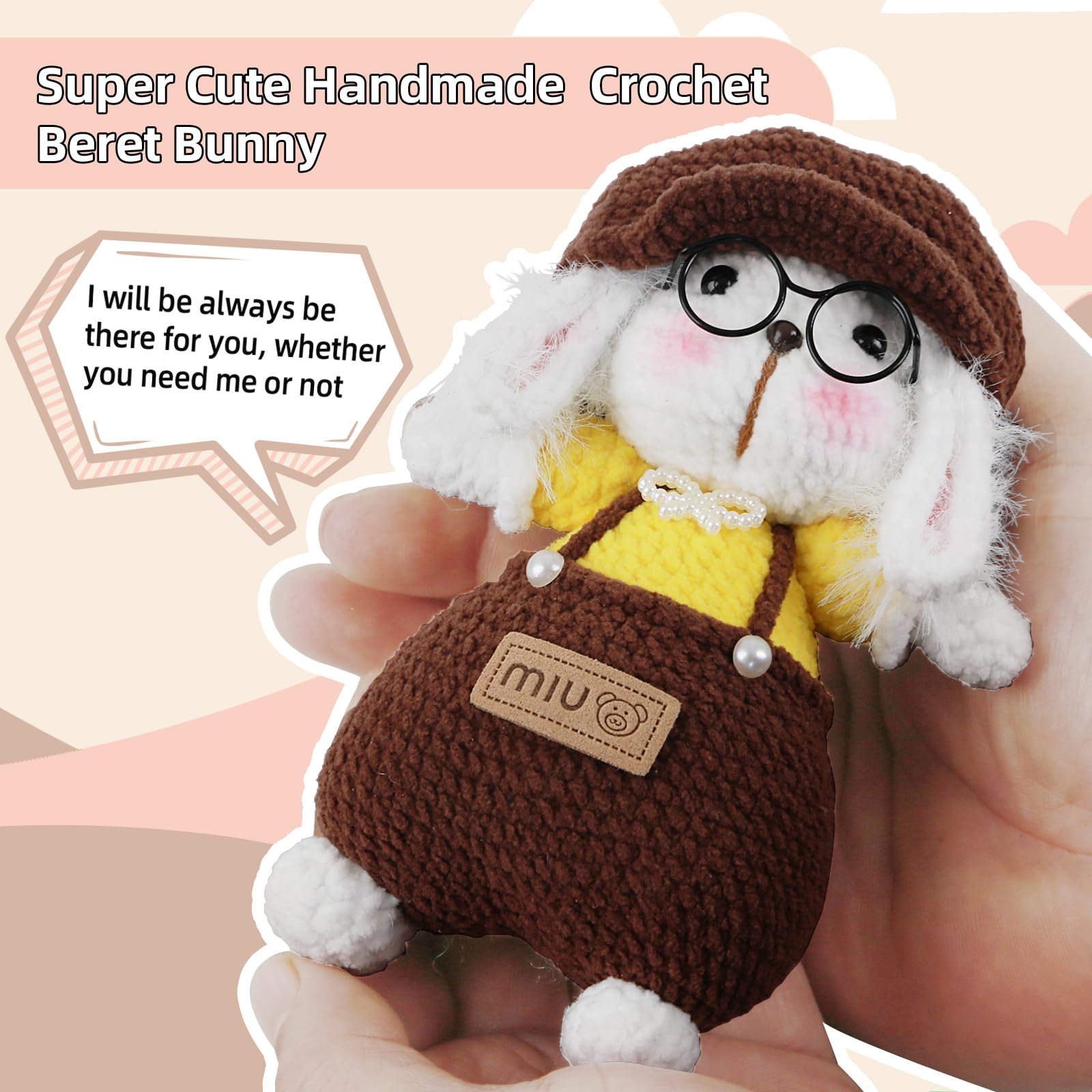 Traxex Crochet Bunny,Super Cute Handmade Crochet Rabbit with Positive Greeting Cards and Mini Penguin as Gift,Ideal Gifts for Birthday, Graduation, Lovers and Family (#04 Brelet Bunny - - Dark Brown)