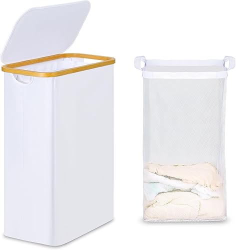 Miniatura 32 de efluky Cesta de lavandería con tapa y bolsa extraíble, cesta de lavandería de 100 litros de alto con asas de bambú, papelera estética para ropa Azul