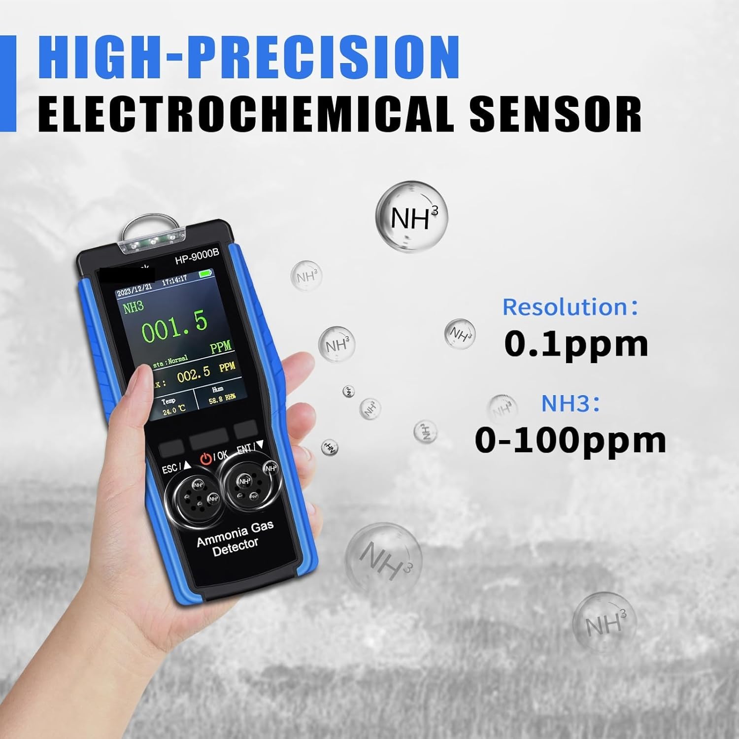0～100ppmの範囲、充電式バッテリー、音/光アラーム、農場/研究室用データロギング機能を備えたポータブルアンモニアガスモニター
