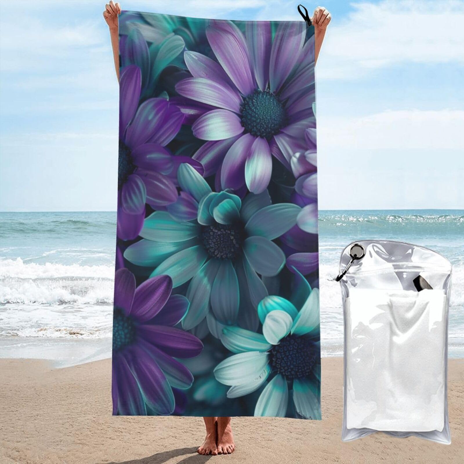 BWWHCCTI purple and teal flowers Printed Microfiber Quick Dry Beach Towel 80x160 CM, Fast Drying Bath Towels with Bags for Travel,Camping,Gym,Beach,Swimming,Yoga