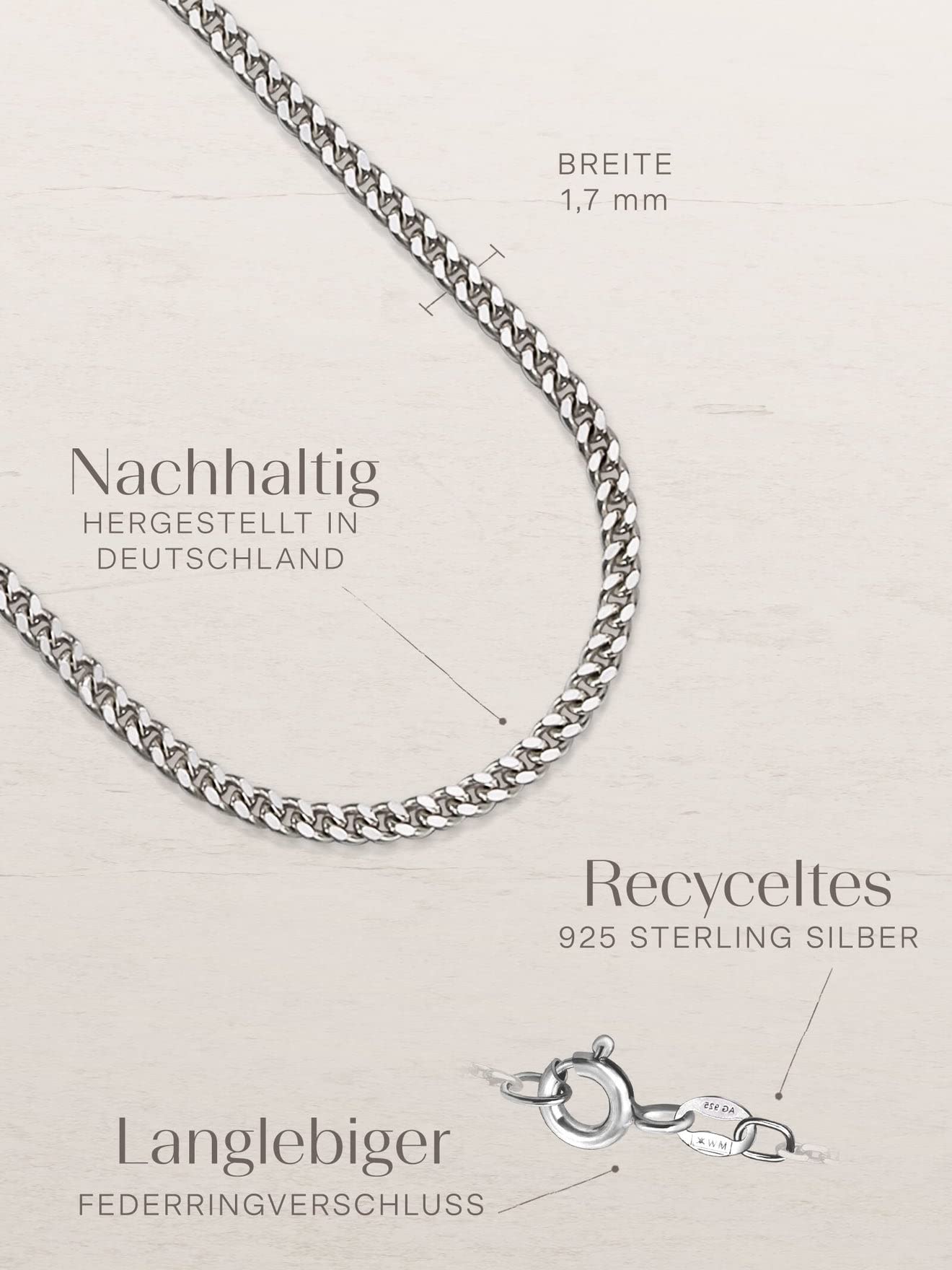 modabilé Panzerkette Damen Halskette 925er Sterling Silber (30cm-100cm I 1,7mm breit) Nur Silberkette 925 ohne Anhänger Silberne Kette für Frauen